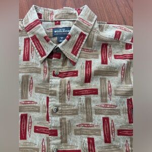WOOLRICH brushed cotton “Khaki All-over Kayaks” short sleeve button up shirt, XL